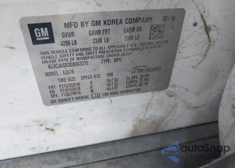 2016 Buick Encore из США, поврежденный, VIN KL4CJASB3GB663375